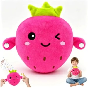 Jucarie de plus interactiva si muzicala Capsuna, cu senzor tactil, roz neon, 18 cm, 3 ani+ - Img 3