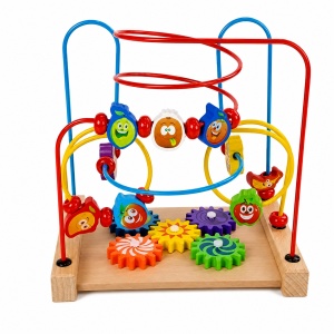 Labirint educational din lemn cu fructe, margele si roti dintate, multicolor, 3+ ani