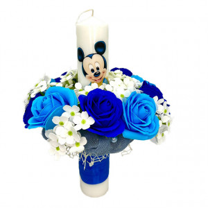 Lumanare de botez cu Mickey Mouse si flori de sapun, baiat