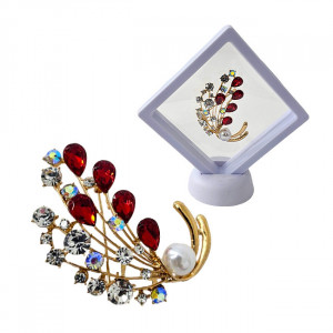 Martisor brosa Pearl Bouquet, cu cristale si perle artizanale, in suport elegant, Rosu