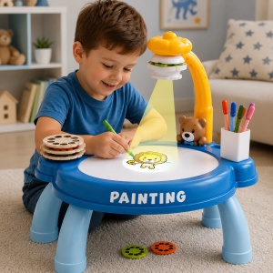 Masuta de desen cu proiector pentru copii, Painting Projector, cu markere si sabloane, albastru - Img 2