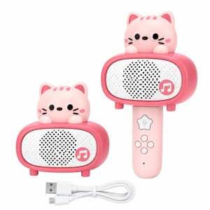 Microfon karaoke Bluetooth pentru copii cu boxa detasabila, efecte sonore si cablu USB, model Pisicuta, Roz, 3 ani+ - Img 2