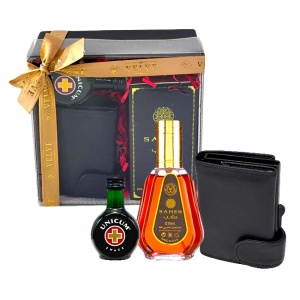 Pachet Amigos, parfum arabesc Apa de parfum Saheb 50ml, Lichior Zwack Unicum 0.04L, portcard piele naturala, Negru