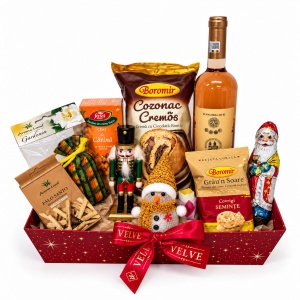 Pachet cadou Christmas Moment, cu vin roze, cozonac, ceai, covrigi, ciocolata, Spargator de nuci si om de zapada cu led