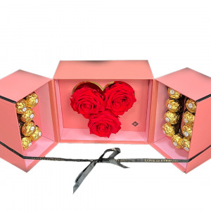 Pachet cadou I Love you, cu 3 trandafiri criogenati si 15 praline Ferrero Rocher, Roz - Img 2