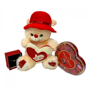 Pachet cadou pentru indragostiti, Sparkle, ursulet de plus 45cm, bratara cu sur,  praline Cherry Queen Rochen122gr. ambalate in cutie cadou