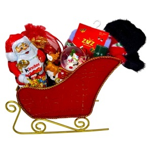 Pachet Christmas Delight, cu sanie decorativa umplută cu bomboane, glob decorativ, sosete tematice, uleiuri parfumate Aroma Land, Mos Craciun Kinder