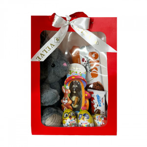 Pachet GiftDay , Iepuras de plus gri 31cm, Prajitura Casei Alka 350g, Iepuras de ciocolata Heidi 45g, Kinder delice si trei oua Kinder Surprise in punga cadou - Img 2