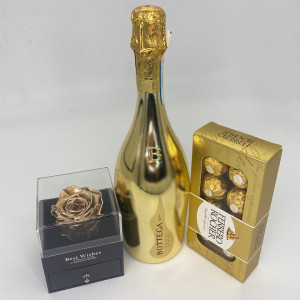 Pachet Glamour, cutie tip sertar trandafir criogenat auriu, Prosecco Bottega Gold, praline Ferrero Rocher
