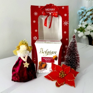 Pachet Merry Christmas, cu praline Belgian, brad decorativ, ornament ingeras si craciunita, ambalate in punga cu imprimeu de iarna