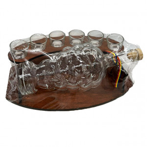Pachet Minibar, Saber Elyzia Caisata 25%, 0.5Lsuport din lemn in forma de semiluna pentru bautura traditionala cu 6 pahare