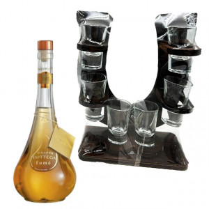 Pachet Minibar, suport din lemn in forma de U cu 6 pahare si Grappa Bottega Fume