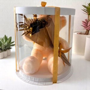 Pachet pentru indragostiti, A Drop of Love, ursulet de plus 21 cm, buchet floral cu un trandafir de sapun si plante artizanale, ciocolata Schogetten 100gr, ambalate in cutie deosebita, Galben - Img 4