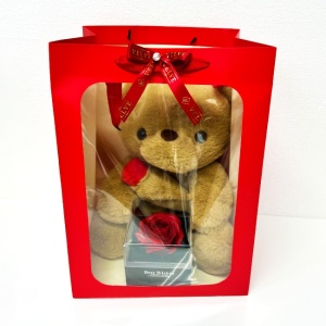 Pachet pentru indragostiti, A Drop of Love, ursulet de plus 30 cm si cutie trandafir de sapun si set 5 bratari, Maro