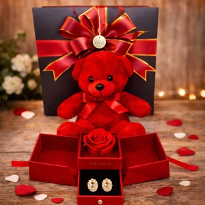Pachet Special Valentine cu ursulet de plus, cutie cu sertar, trandafir de sapun și cercei cu zirconiu - Img 4