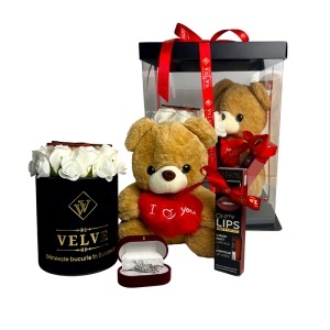 Pachet Special Valentine, cu ursulet plus 25 cm, aranjament cu 9 trandafiri de sapun, brosa si set cosmetice, in cutie cadou - Img 6