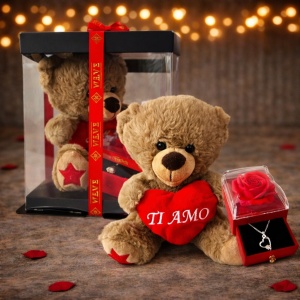 Pachet Special Valentine, cu ursulet plus, trandafir rosu de sapun in cutie sertar si lantic inox cu pandantiv