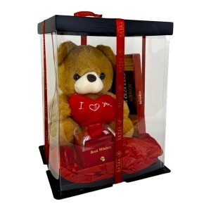Pachet special Valentine, ursulet de plus 25 cm, trandafir de sapun roșu cu lantisor și pandantiv surpriza și praline - Img 3