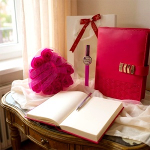 Pachet Timeless Notes pentru colega, cu agenda visinie, portofel fucsia, pix "Cea mai buna Colega" si cutie cu trandafiri din sapun, in punga cu fereastra - Img 3