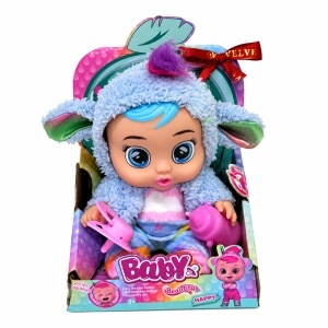 Papusa bebelus Baby Lovely cu sunete, biberon si suzeta, costum albastru cu gluga si urechiuse, 3 ani+