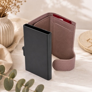 Portcard unisex Hassion din piele naturala, sistem pentru carduri si inchidere cu capsa, Cappuccino - Img 3