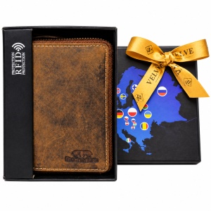 Portofel barbati Beltimore, din piele naturala, cu fermoar si protectie RFID, in cutie cadou, Maro vintage