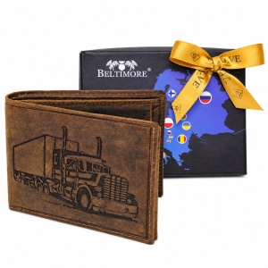 Portofel barbati Beltimore, din piele naturala, cu protectie RFID si model camion, in cutie cadou, Maro