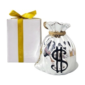 Pusculita din ceramica in forma de saculet, cu sfoara decorativa, 12x13 cm, Argintiu