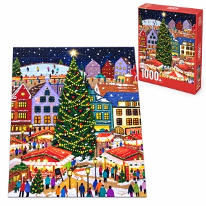 Puzzle Christmas Market, 1000 piese, peisaj de Craciun cu brad si targ festiv, multicolor