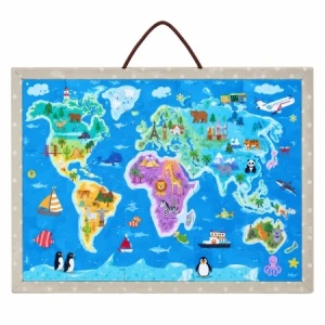 Puzzle magnetic educativ Harta Lumii, 168 piese, animale si obiective turistice, cu snur, 3+ ani