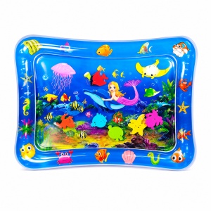 Saltea senzoriala de joaca cu apa pentru bebelusi, cu sirena si animale marine, albastru, 70x50 cm