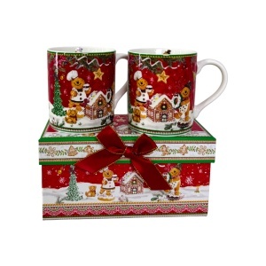 Set 2 cani din ceramica, Gingerbread House, ambalate in cutie cadou eleganta, 150 ml, Rosu