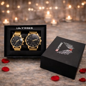 Set 2 ceasuri Ulysses dama si barbatesc, cu bratara din otel inoxidabil, Gold