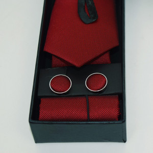 Set 3 piese Elegant, pentru barbati, cravata, buton si batista din stofa, rosu, EC0