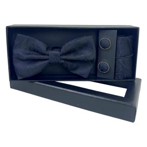 Set 3 piese Elegant pentru barbati, cu papion, butoni si batista din stofa, Negru