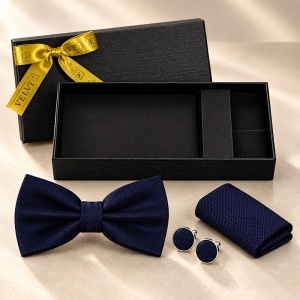 Set 3 piese Elegant pentru barbati, papion, batista si butoni, Bleumarin - Img 3