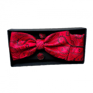 Set 3 piese Elegant , pentru barbati, papion, butoni si batista din stofa, rosu cu imprimeu negru