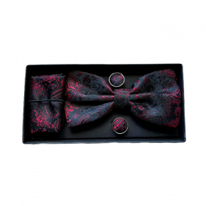 Set 3 piese Elegant , pentru barbati, papion, butoni si batista din stofa, negru cu imprimeu rosu