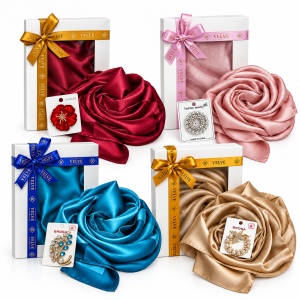 Set 4 Pachete Silky pentru femei cu esarfe elegante si brose, 170 x 90 cm, Multicolor