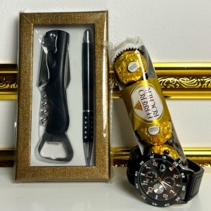 Set barbati premium, ceas Ulysees, Ferrero Rocher, pix elegant și desfacator de vin - Img 5