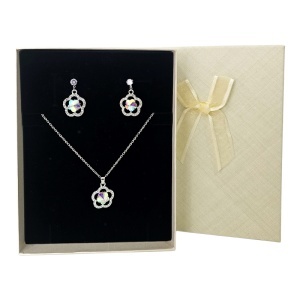 Set bijuterii dama Feeling Flower din inox cu colier si cercei, pandantiv floare cu cristale, in cutie cadou