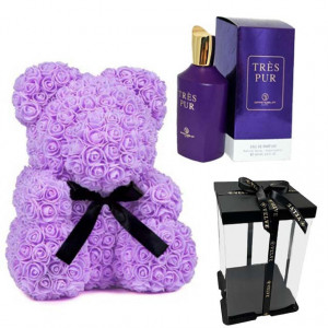 Set cadou femei, Ursulet floral din spuma 25 cm si Parfum Tres Pure, Grandeur Elite 100 ml
