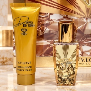 Set cadou femei V.V.LOVE Dama de Oro, apa de parfum, body mist, gel de dus si lotiune de corp - Img 3