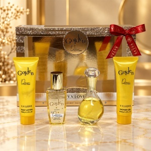 Set cadou femei V.V.LOVE Golden, apa de parfum 30 ml, body mist, gel de dus si lotiune de corp - Img 7