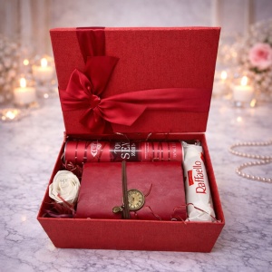 Set cadou Glamour pentru femei, Parfum PcDesign, Cuba Too Sexy For You, Jurnal de calatorie, Praline Raffaello 40gr si trandafir alb din sapun, in cutie rosie cadou, 23x16x9 cm