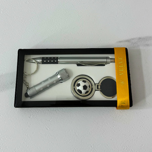 Set cadou pentru barbati, 3 piese, laser,  pix si breloc metalic, Argintiu