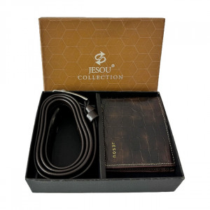 Set cadou pentru barbati JESOU COLLECTION, cutie cu portofel si curea din piele, Maro - Img 4