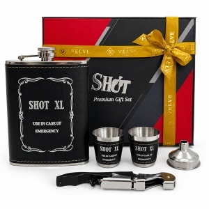 Set cadou pentru barbati Shot XL, cu plosca, 2 pahare, palnie si tirbuson multifunctional, in cutie eleganta
