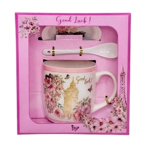 Set cana „Good Luck” cu lingurita si farfurie, din ceramica, decor floral roz, in cutie eleganta - Img 5