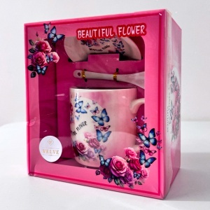 Set cana ceramica, farfurie si lingurita, Beautiful Flower, ambalata in punga cu fereastra, 200ml - Img 4